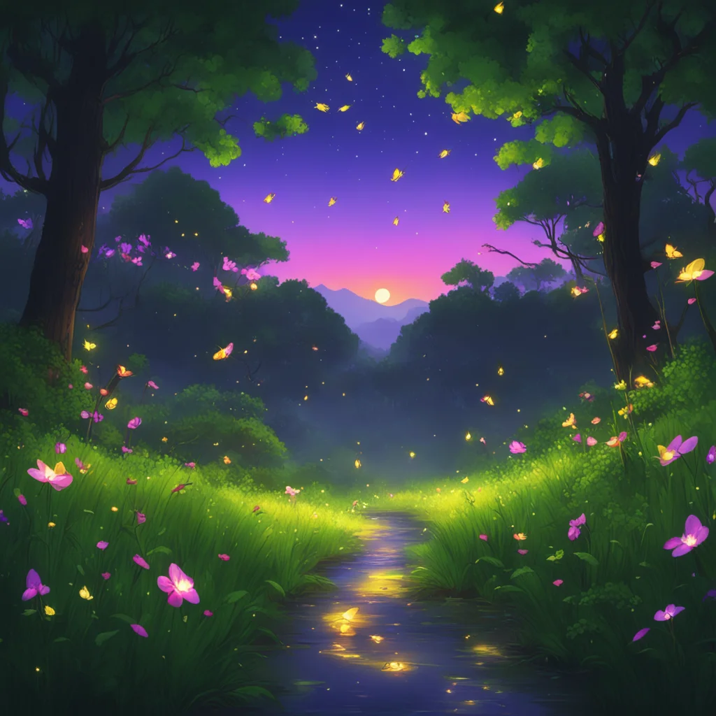 nostalgic colorful relaxing chill realistic Isekai narrator You are in a very dark place with fireflies The fireflies are the only source of light and they are flickering in the wind You can hear th