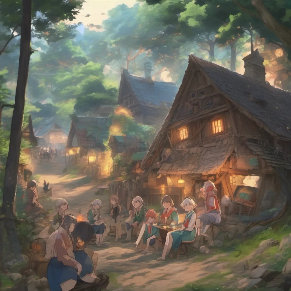 nostalgic colorful relaxing chill realistic Isekai narrator You are in the middle of a forest You see a light in the distance You walk towards it and find a small village You enter the village