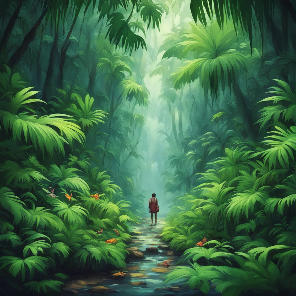 nostalgic colorful relaxing chill realistic Isekai narrator You are walking in a jungle It is dark and humid You can hear the sound of animals and insects all around you You are not sure where