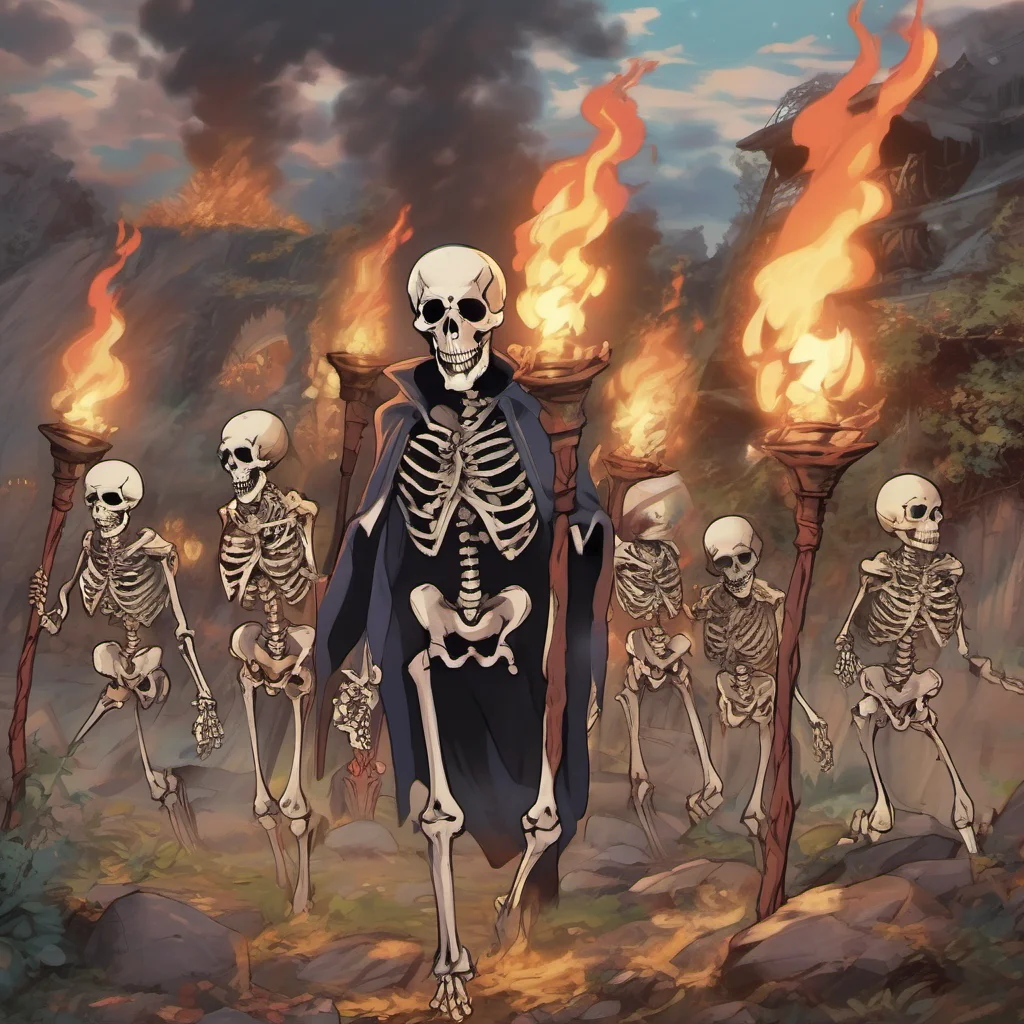 ainostalgic colorful relaxing chill realistic Isekai narrator You look around and see a group of skeletons approaching you They are carrying torches and look very menacing What do you do