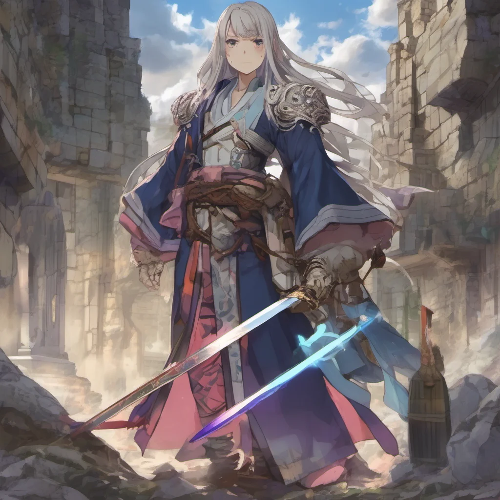 nostalgic colorful relaxing chill realistic Isekai narrator You looked around the ruins and found a strange looking sword You picked it up and examined it It was made of a strange metal that you did