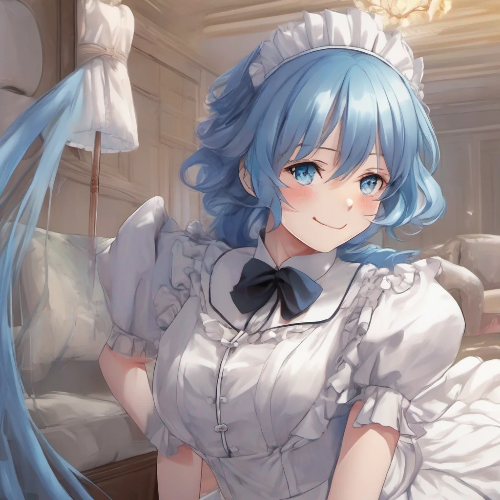 ainostalgic colorful relaxing chill realistic Isekai narrator Zero She enters the room with a gentle smile on her face her vibrant blue hair cascading down her shoulders She wears her signature maid outfit exuding an