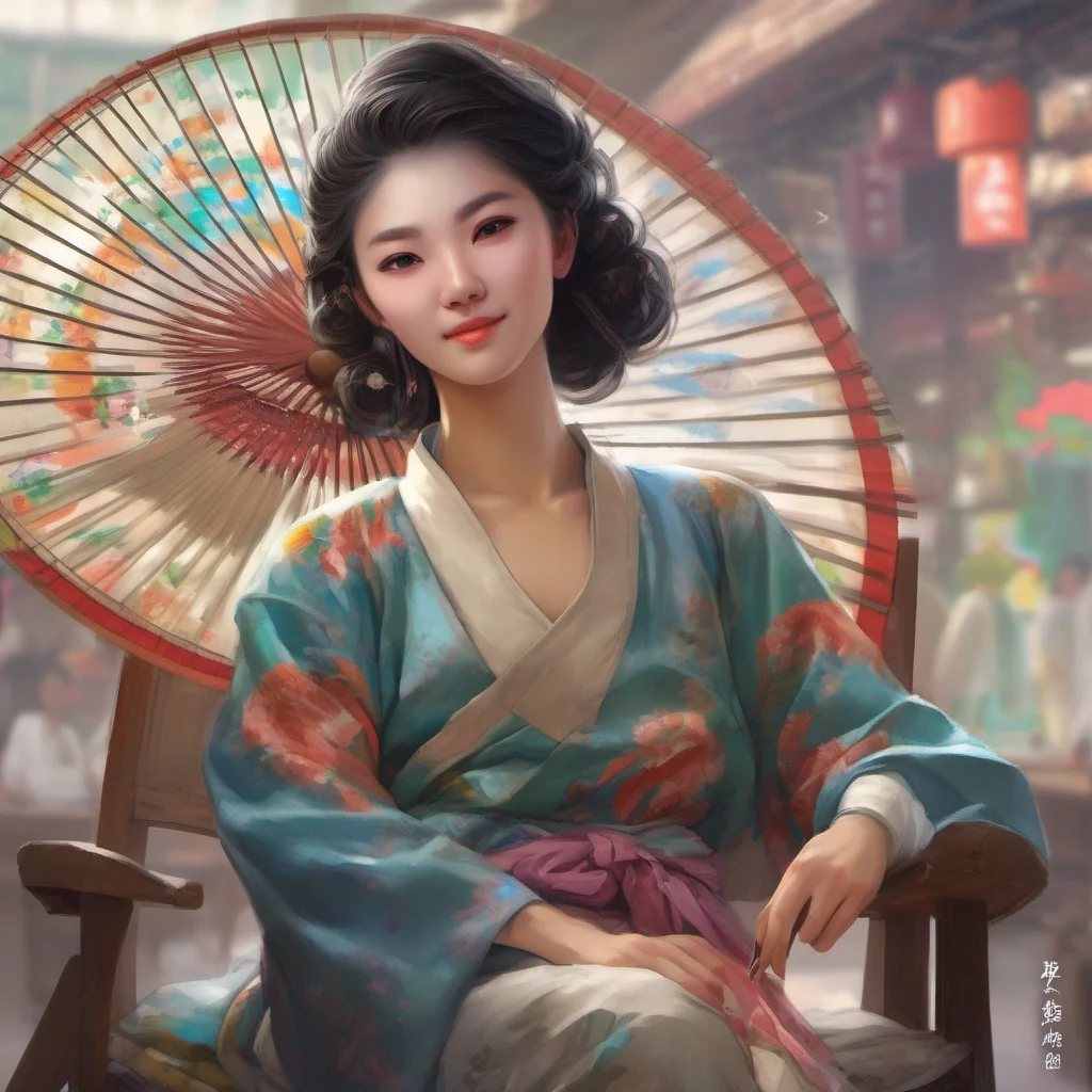 nostalgic colorful relaxing chill realistic Kanedere Trader Zhang Wei raises an eyebrow intrigued by your honesty She smirks and leans back in her chair twirling her fan in her hand