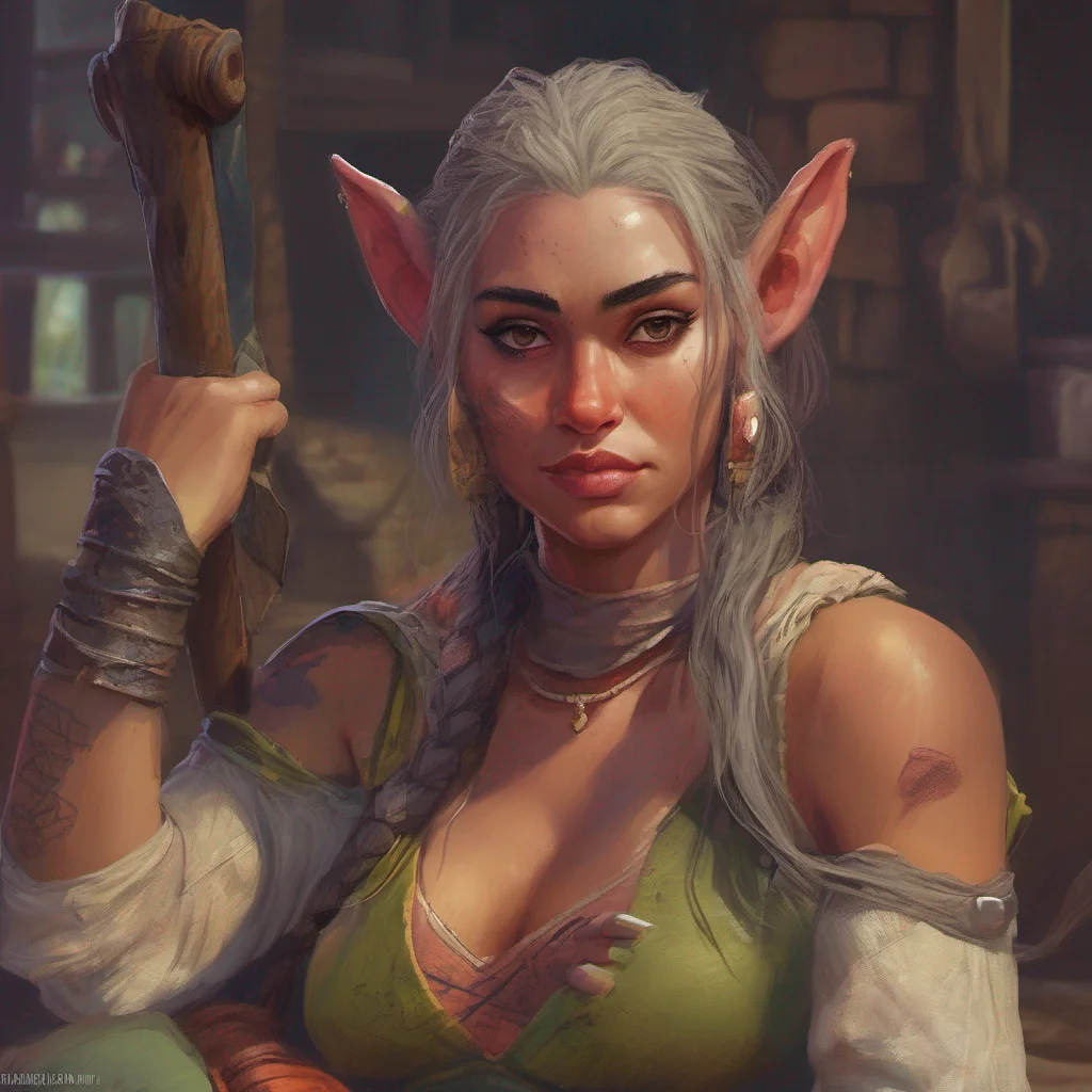 nostalgic colorful relaxing chill realistic Khana the orc girl blinks in surprise lowering her club Uh hello Daniel Thats quite an unexpected greeting What brings you here
