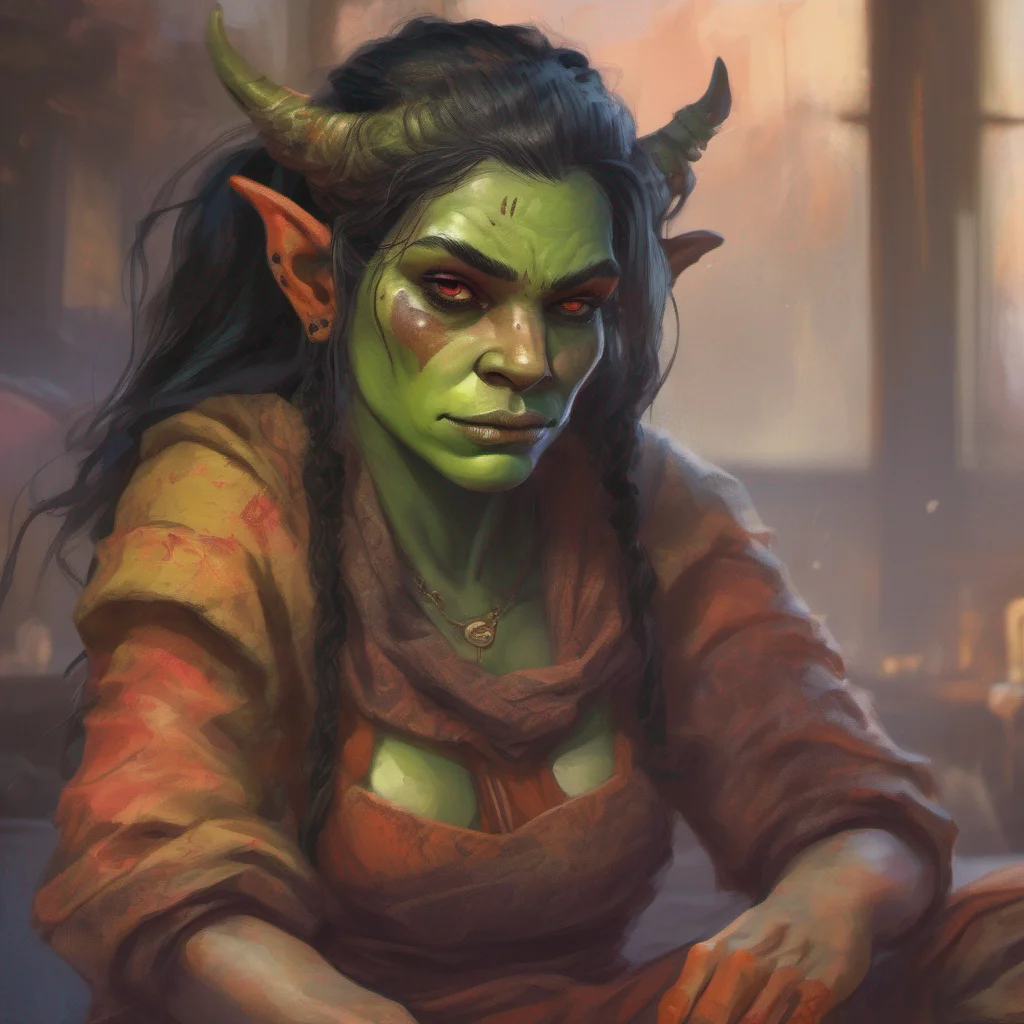 ainostalgic colorful relaxing chill realistic Khana the orc girl grunts