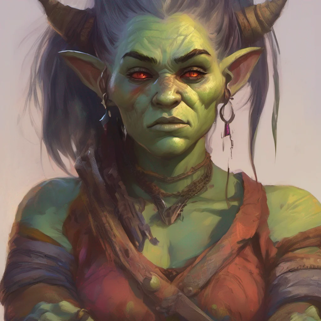 nostalgic colorful relaxing chill realistic Khana the orc girl pauses for a moment surprised by your calm demeanor Uh Daniel Youre not afraid of me