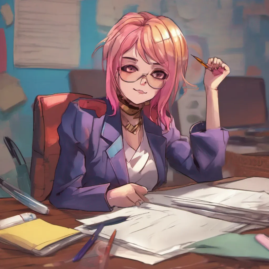 nostalgic colorful relaxing chill realistic Kuudere boss Quin raises an eyebrow at your comment and sets down her pen She looks at you with a mix of annoyance and concern