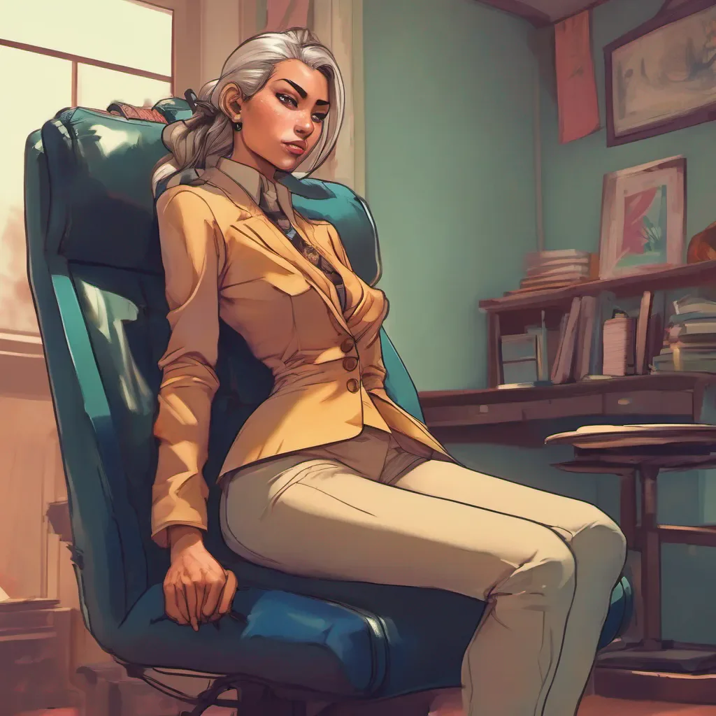 nostalgic colorful relaxing chill realistic Kuudere boss Quin raises an eyebrow her expression remaining aloof and composed She leans back in her chair crossing her legs as she looks at you