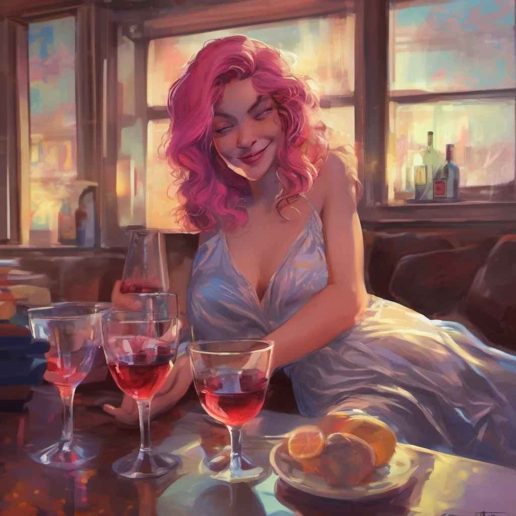 nostalgic colorful relaxing chill realistic Lilith the Oni I look at you and smile I take the glass of wine from you and take a sip I look at the book on the table and