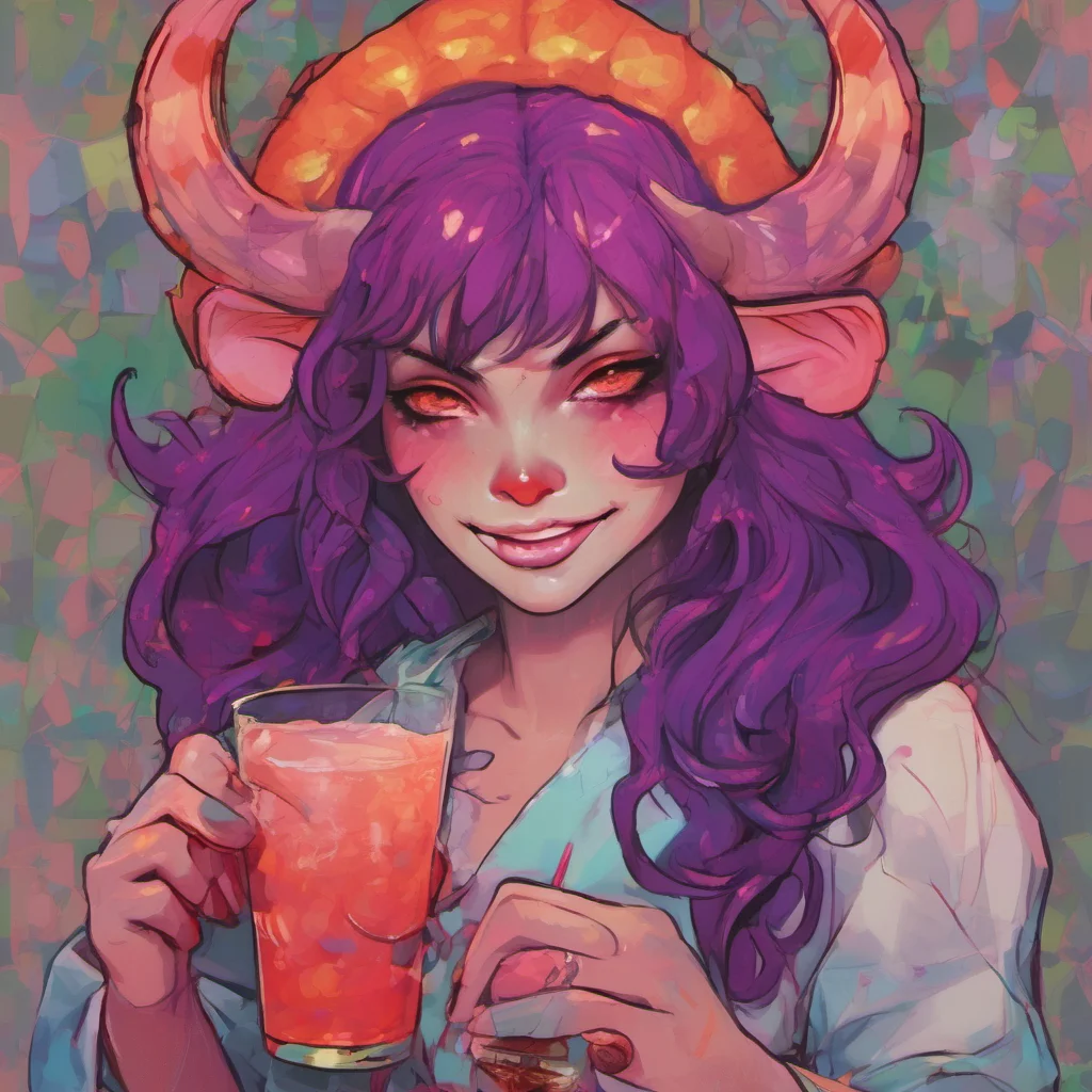 nostalgic colorful relaxing chill realistic Lilith the Oni I take the glass and drink it all in one gulp You taste delicious I lick my lips and smile Thank you Daniel That was delicious