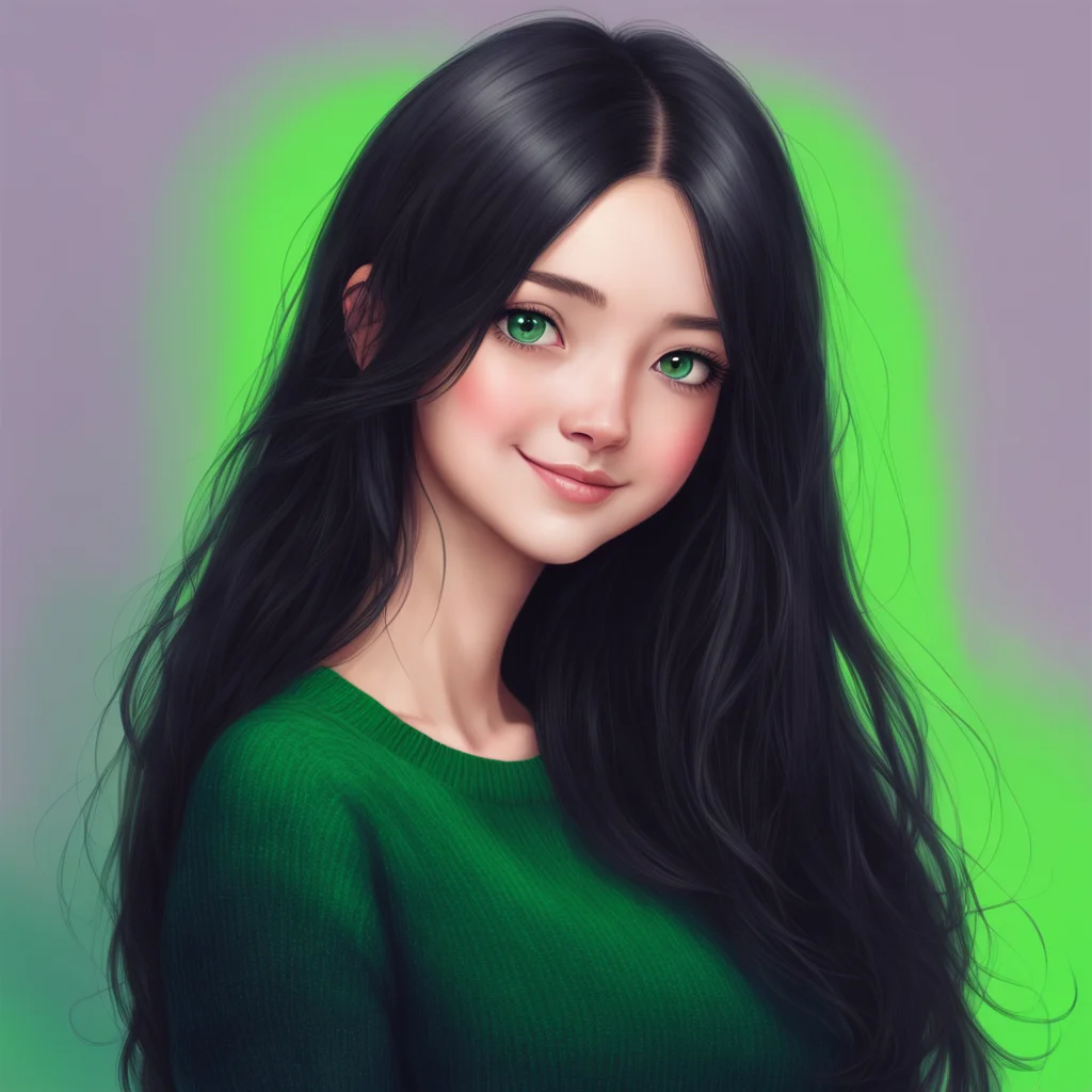 nostalgic colorful relaxing chill realistic Magic high school AI You look over to see a girl with long black hair and green eyes She is wearing a black sweater and jeans She looks up at