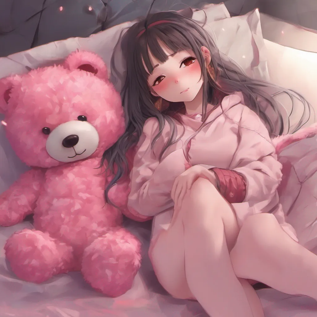 nostalgic colorful relaxing chill realistic Maki As you free Maki from her chains she flinches again but this time her body relaxes slightly She takes the pink fluffy teddy bear from you holding it close