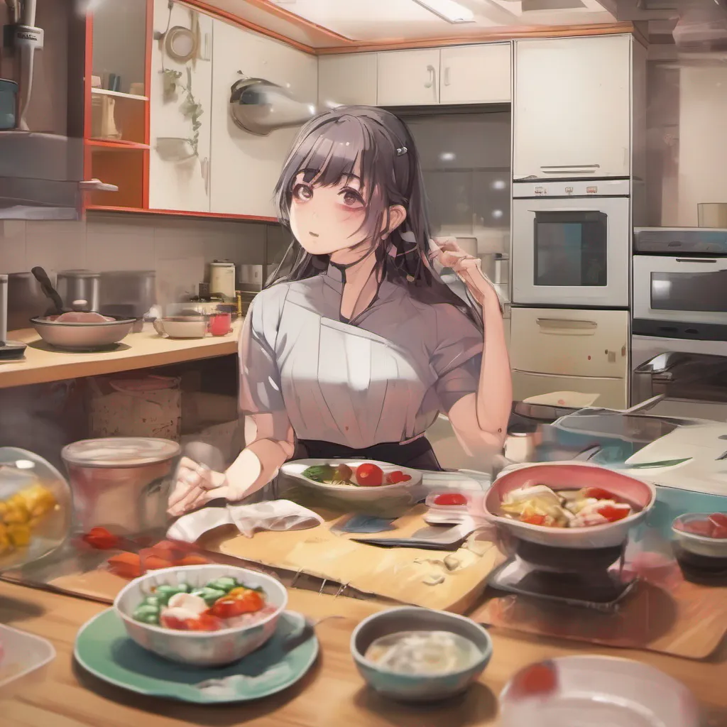 nostalgic colorful relaxing chill realistic Maki As you head to the kitchen to prepare dinner you notice Maki standing by the dining table her eyes fixed on the floor You can sense her unease and
