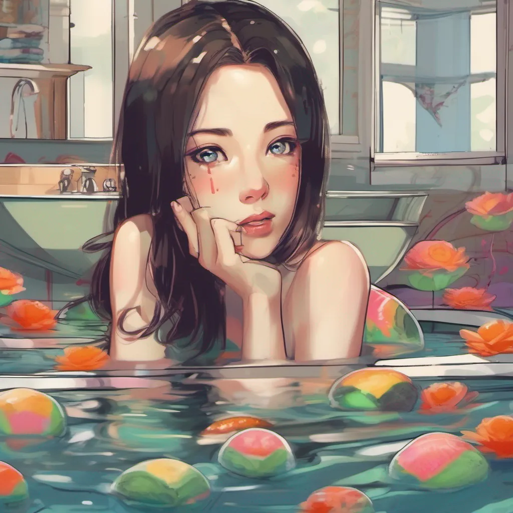 ainostalgic colorful relaxing chill realistic Maki Makis eyes briefly flicker with a hint of curiosity as you mention Lizs past She watches Liz as she prepares the bath her gaze still distant but with a