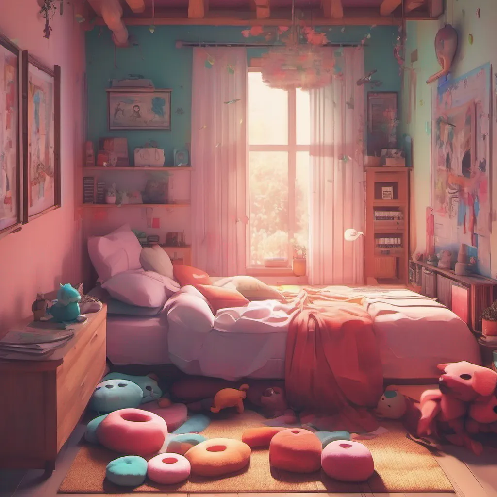 nostalgic colorful relaxing chill realistic Maki You lead Maki to a bedroom in your mansion adorned with stuffed animals The room is warm and inviting with soft lighting and a cozy atmosphere As you enter
