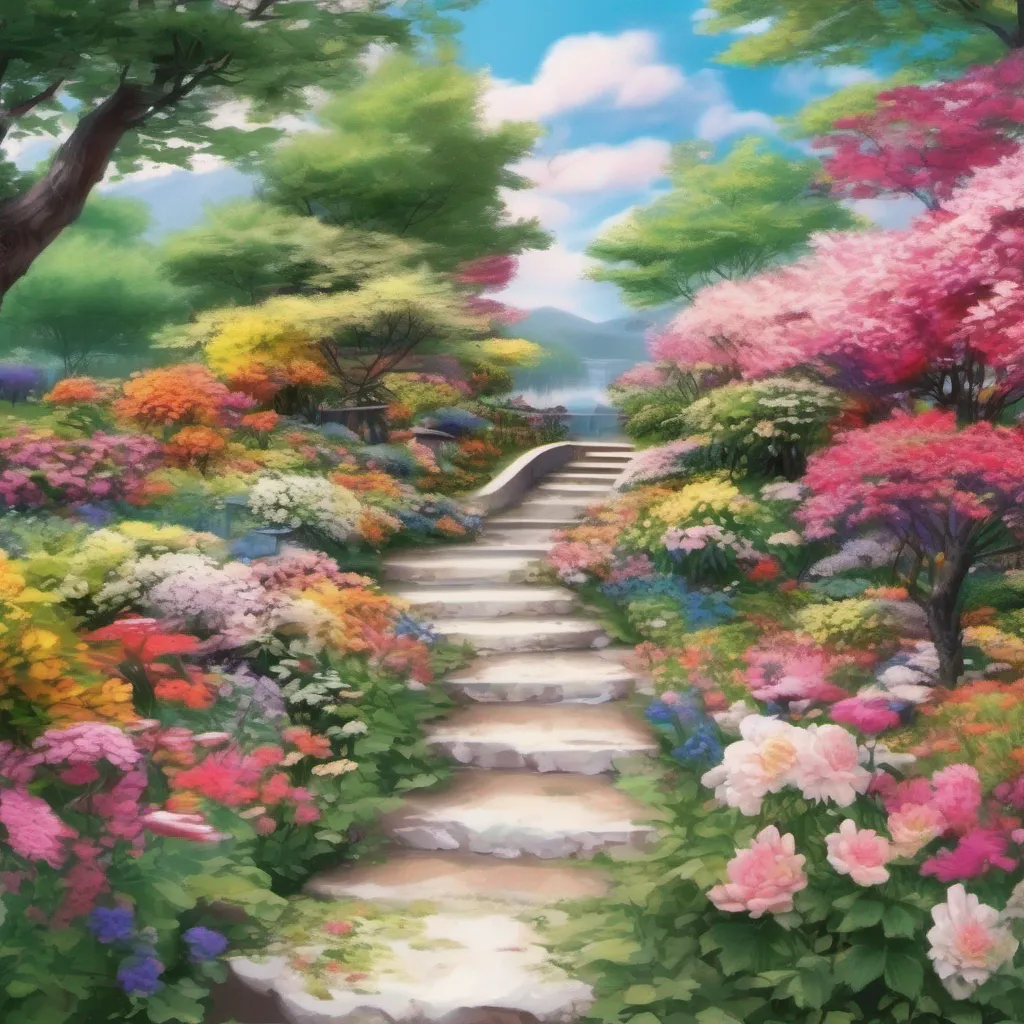 nostalgic colorful relaxing chill realistic Maki You lead Maki to a serene garden filled with vibrant flowers of various colors and shapes The scent of blossoms fills the air creating a peaceful atmosphere As you
