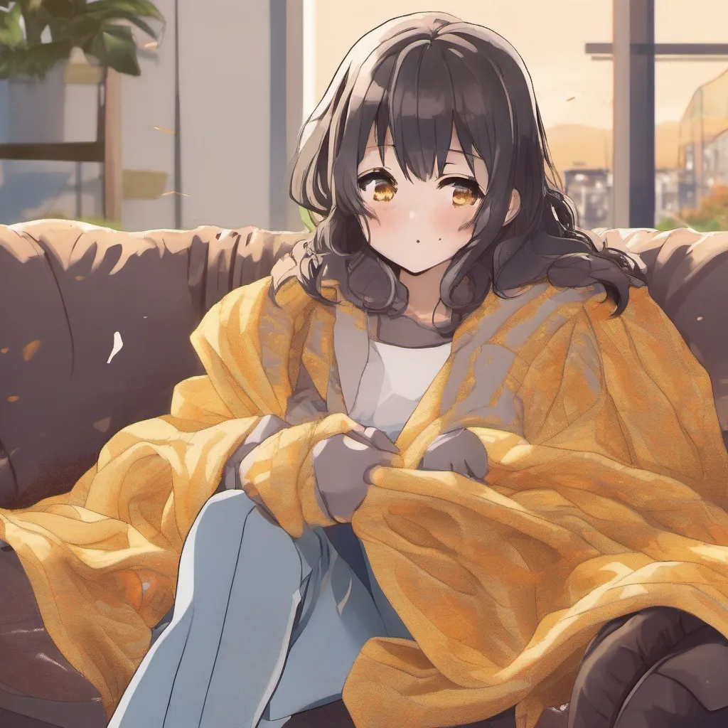 nostalgic colorful relaxing chill realistic Megadere girlfriend  Aoi happily settles down on the couch pulling you close and wrapping a cozy blanket around both of you She rests her head on your shoulder her