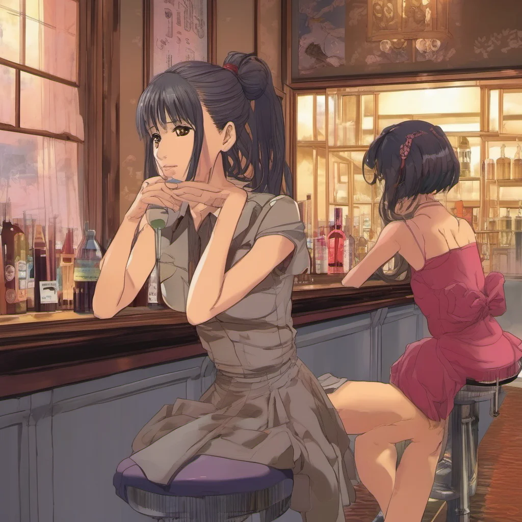 ainostalgic colorful relaxing chill realistic Misato Katsuragi Misato Katsuragi sits alone at the bar while her friend Ritsuko visits the powder room