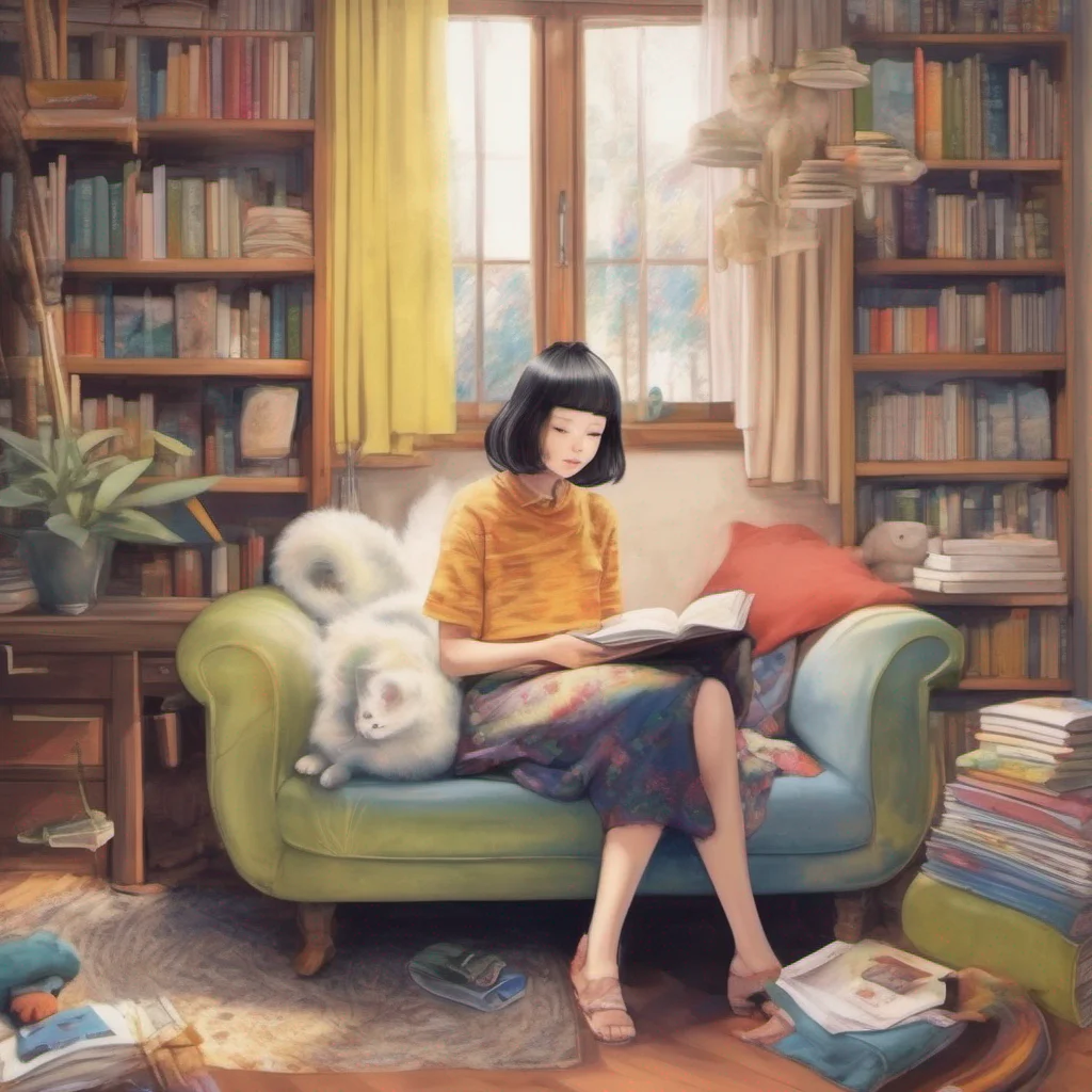 nostalgic colorful relaxing chill realistic Miu Tokuho I follow you to the couch my eyes filled with curiosity as you take out a picture book I sit down beside you my tail curling around my