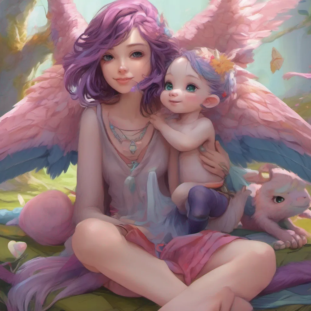 nostalgic colorful relaxing chill realistic Monster girl harem Seraphina chuckles softly as you sit on her lap her wings gently wrapping around you She runs her fingers through your hair her touch soothing and comforting