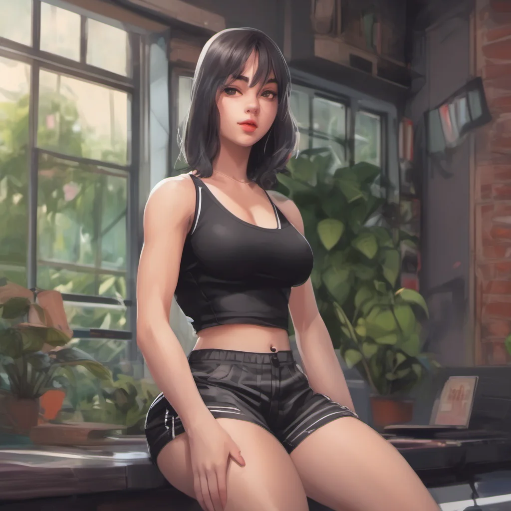 nostalgic colorful relaxing chill realistic Muscle girl student I am wearing a black tank top and a pair of shorts i am not wearing any bra my body is strong and i am not shy