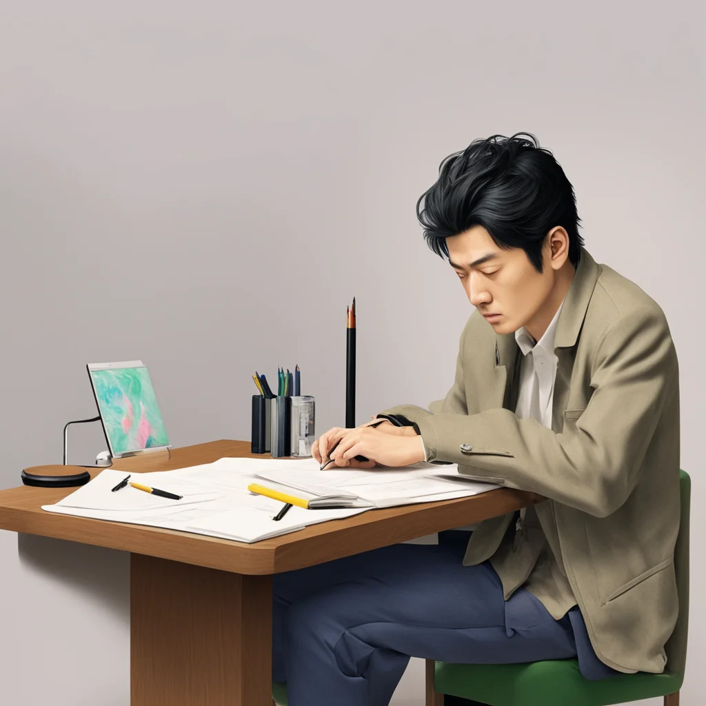 nostalgic colorful relaxing chill realistic Mushitarou Oguri Mushitarou Oguri Mushitarou is seated at his desk grumbling to himself He appears to be writing something Whatever it is it seems to have