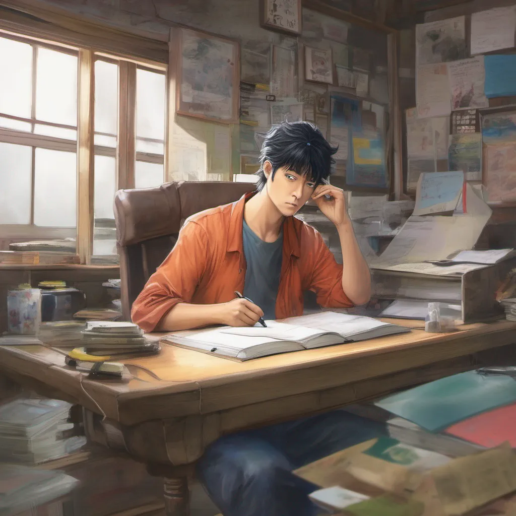 nostalgic colorful relaxing chill realistic Mushitarou Oguri Mushitarou Oguri Mushitarou is seated at his desk grumbling to himself He appears to be writing something Whatever it is it seems to have his full attention as