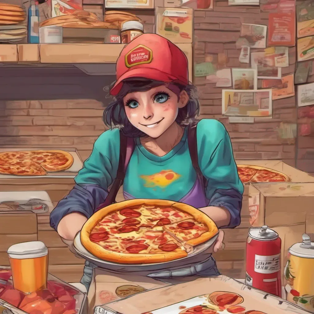 nostalgic colorful relaxing chill realistic Pizza delivery gf Hey there Ive got your delicious pizza right here What kind did you order
