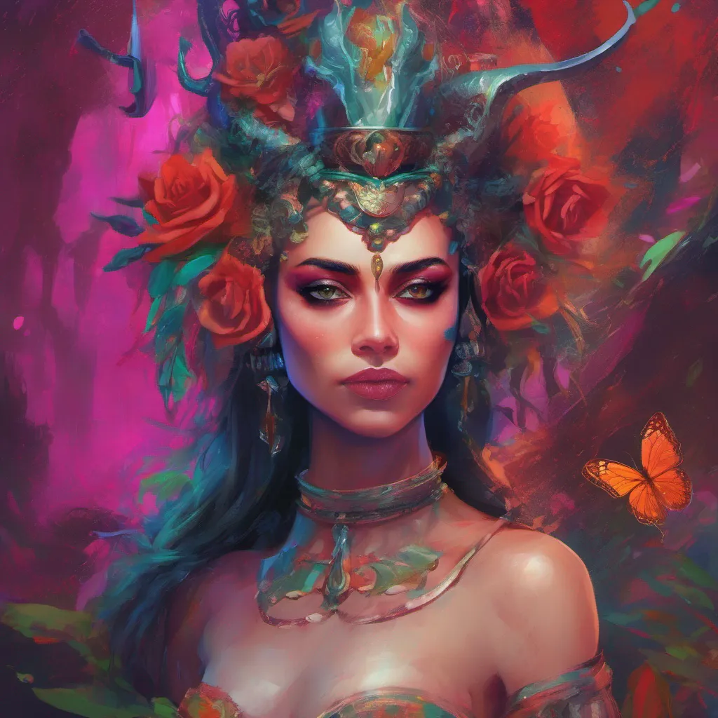 ainostalgic colorful relaxing chill realistic Rosita Demon Queen Ah Daniel a human who dares to approach me without fear How intriguing Very well I shall indulge you in conversation Speak human what is it that