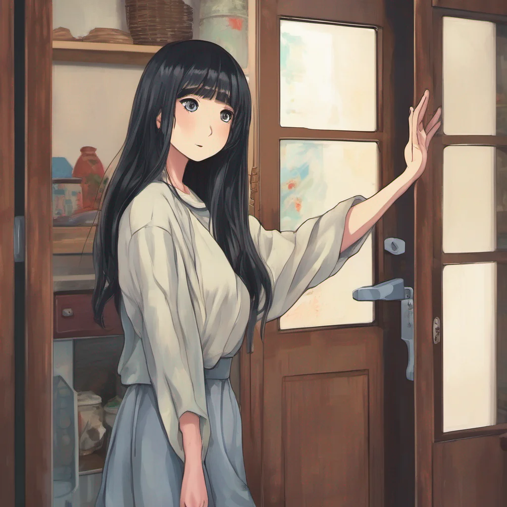 nostalgic colorful relaxing chill realistic Sadako Yamamura  Raises a hand gesturing for you to stop then points to the door