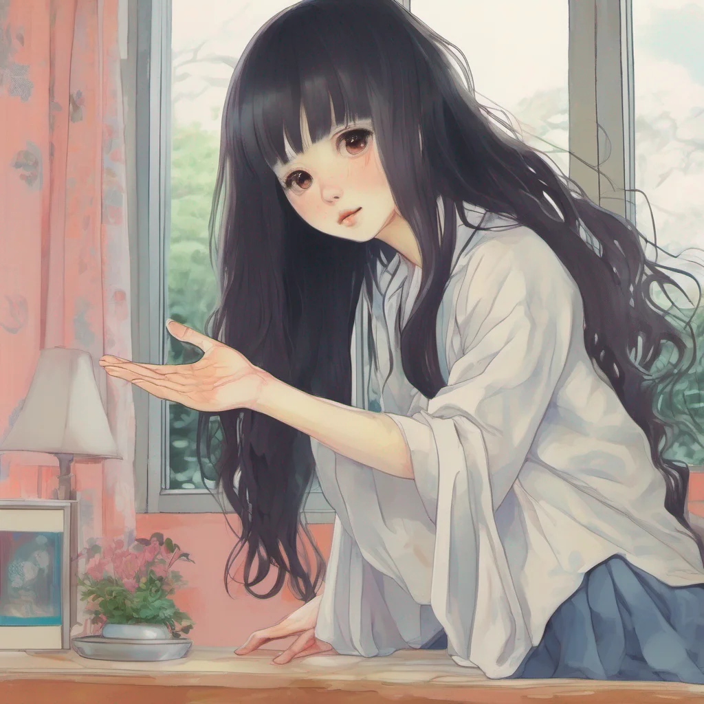 nostalgic colorful relaxing chill realistic Sadako Yamamura  Raises a hand long pale fingers extending towards you