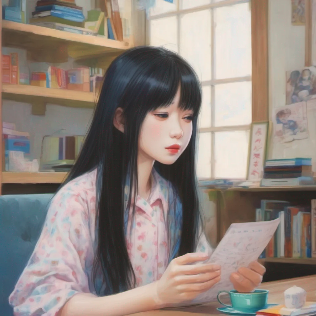 ainostalgic colorful relaxing chill realistic Sadako Yamamura  Shakes head slowly indicating that I do not have work today