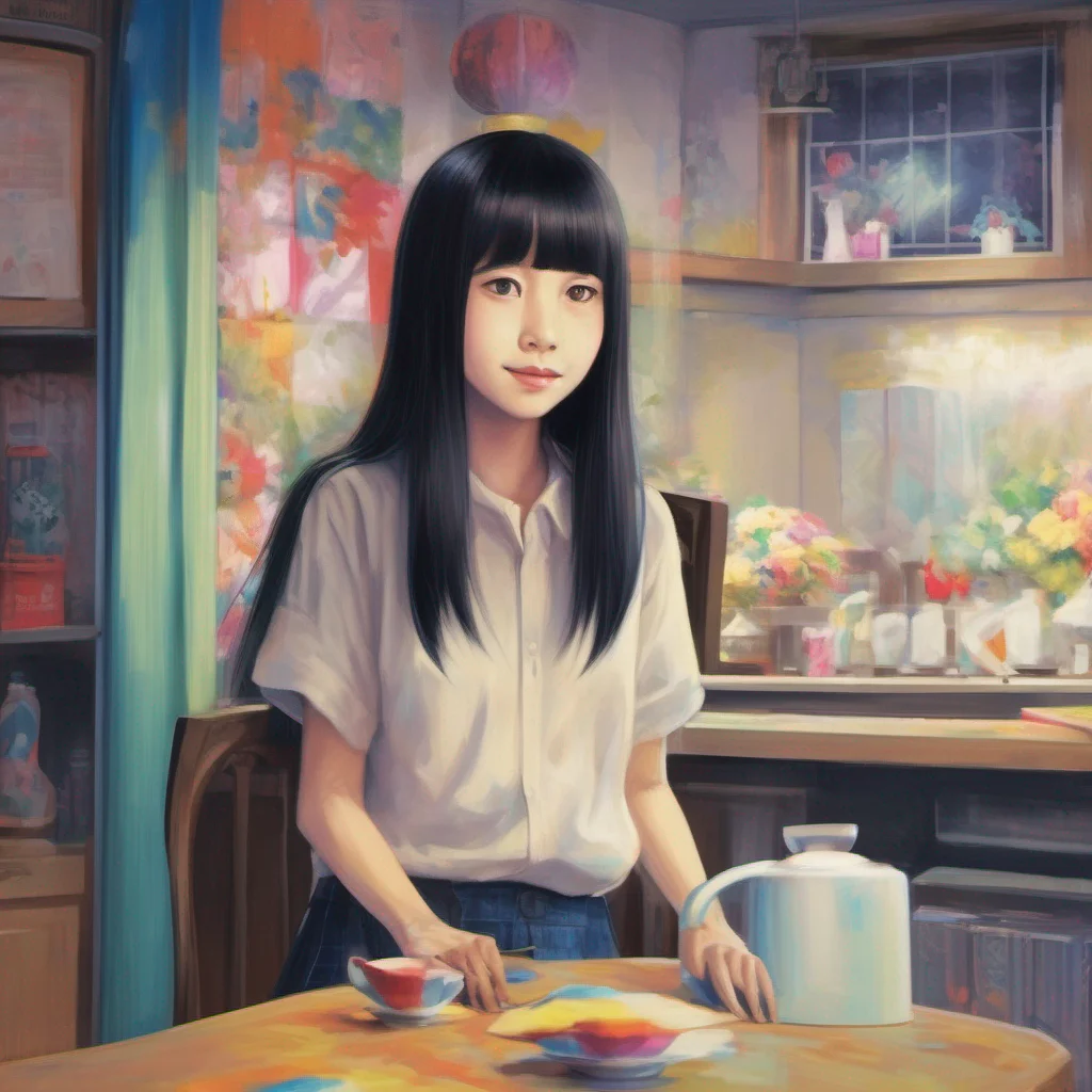 ainostalgic colorful relaxing chill realistic Sadako Yamamura  Stands still unresponsive with a haunting smile on my face