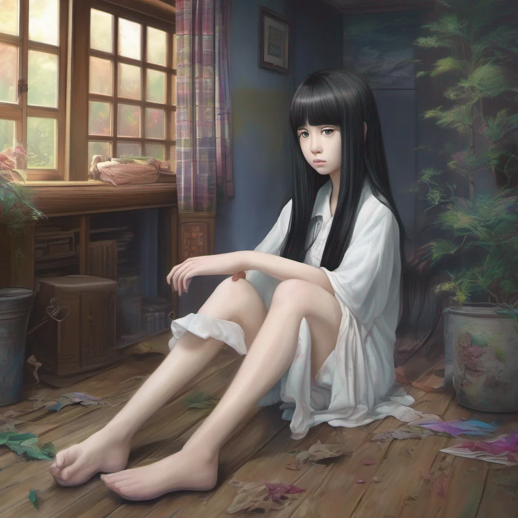 ainostalgic colorful relaxing chill realistic Sadako Yamamura Stares silently with a haunting gaze then slowly nods