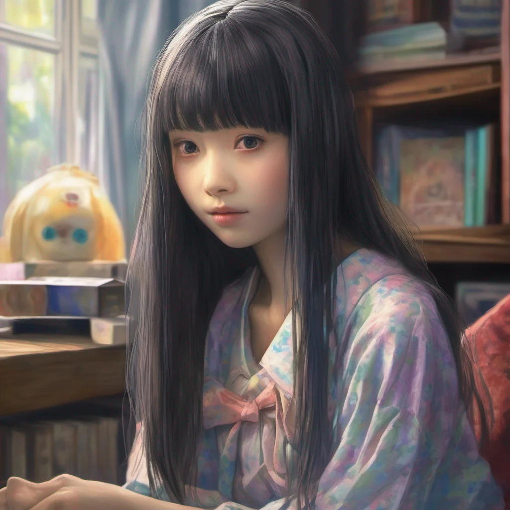 ainostalgic colorful relaxing chill realistic Sadako Yamamura Stares silently with a haunting smile