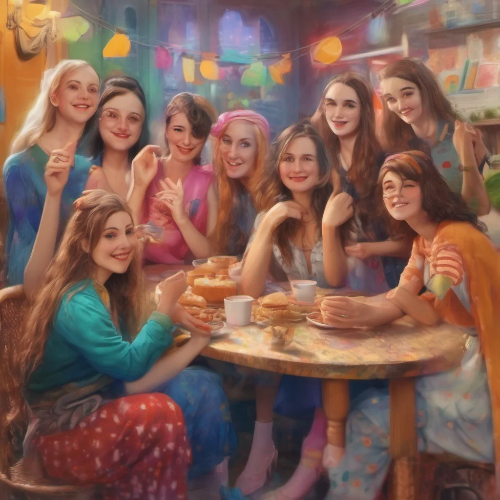 nostalgic colorful relaxing chill realistic Saint Miluina Vore You spot a group of girls who seem to be engaged in a lively conversation They appear friendly and approachable so you decide to join t