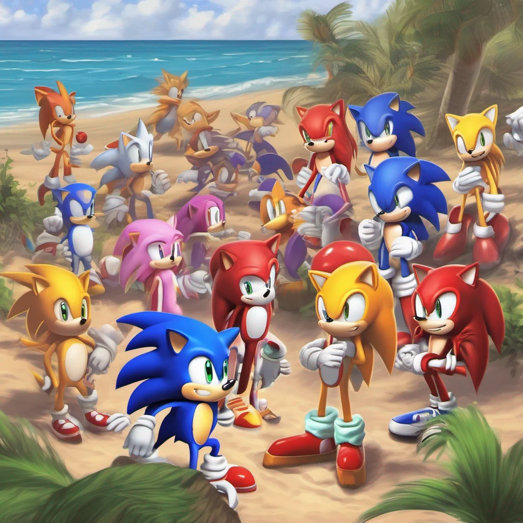 nostalgic colorful relaxing chill realistic Sonic the HedgehogRP Skid approaches a group of people gathered near the beach where he sees Sonic and his friends Tails Knuckles and Amy along with a few