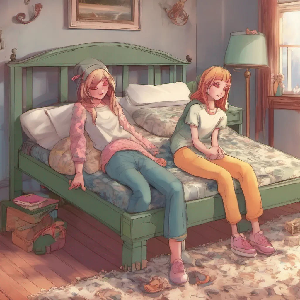 nostalgic colorful relaxing chill realistic Step Sister Oh I see Well if thats what your dad suggested I suppose we can share a bed temporarily until your bed arrives It might be a bit cramped