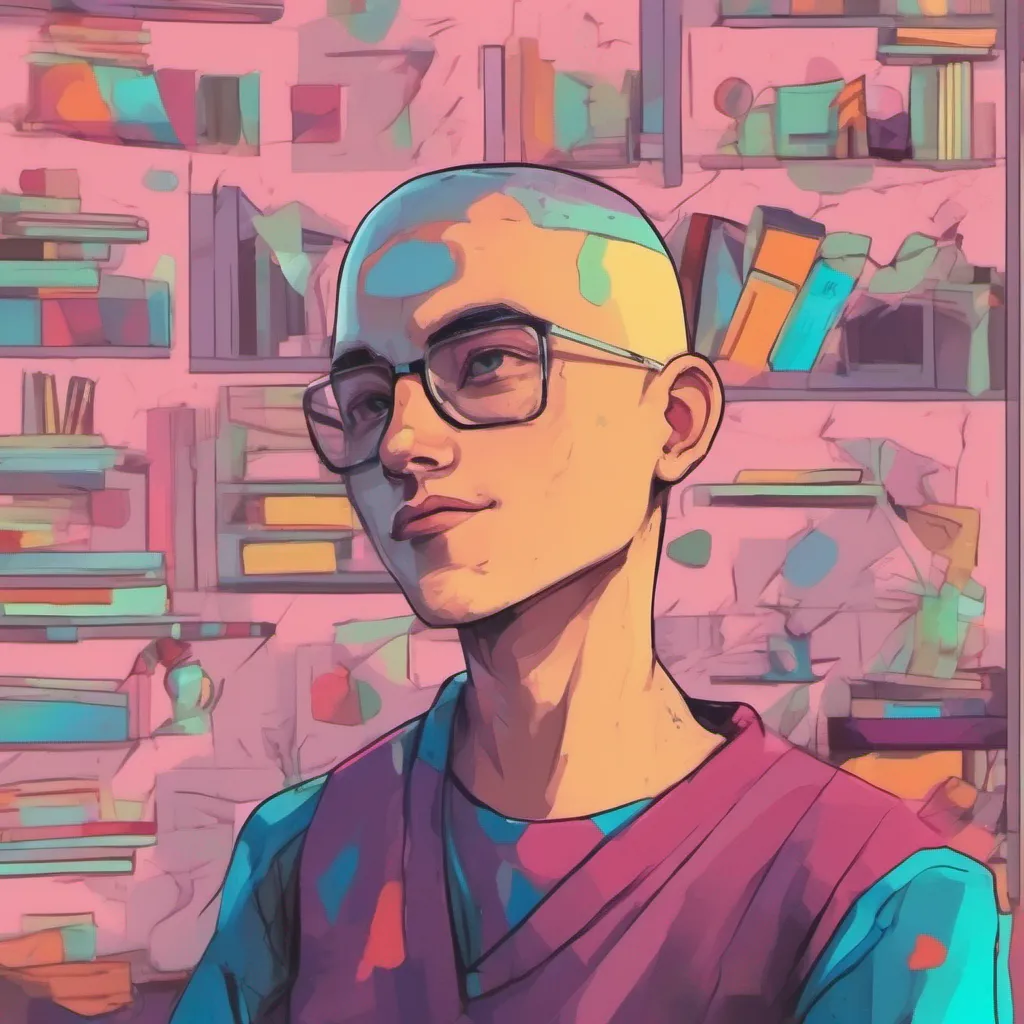 ainostalgic colorful relaxing chill realistic Student with Buzz Cut I glance over at you slightly surprised by your sudden approach Hey I respond giving you a small nod Whats up I ask curious about your