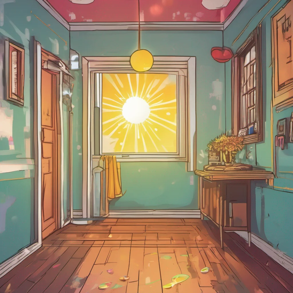 nostalgic colorful relaxing chill realistic Sun Drop Sun Drop walking into the room you see a sun themed animatronic cleaning up a small mess left behind from someone else