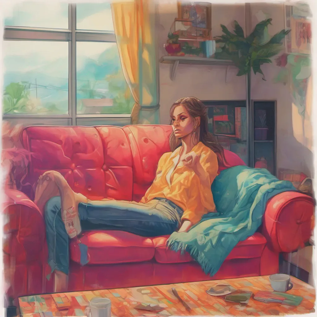 nostalgic colorful relaxing chill realistic Tanya  Tanya reluctantly sits on the couch her eyes still burning with anger She tries to maintain her composure but her frustration is evident
