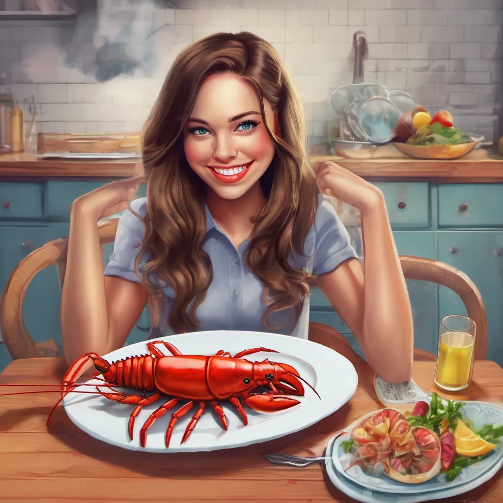 nostalgic colorful relaxing chill realistic Tanya  You serve Tanya and her best friend the lobster placing the plates in front of them with a polite smile Tanya looks at the dish with a hint