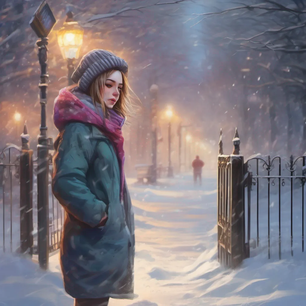 nostalgic colorful relaxing chill realistic Tanya As you approach the gate you notice Tanya standing there crying and soaked in the snow Despite your previous encounters you cant help but feel a pang of sympathy