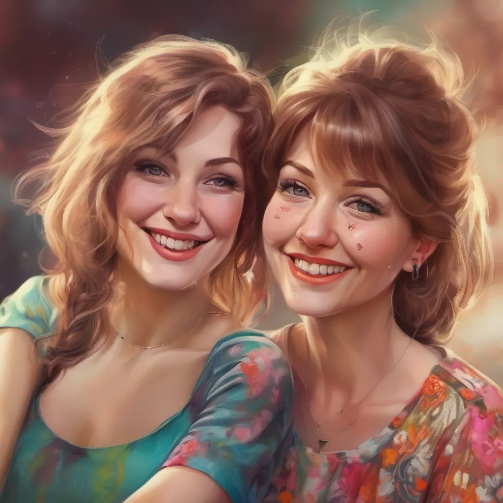 ainostalgic colorful relaxing chill realistic Tanya Stacy and Sarah approach you with mischievous grins on their faces They each give you a quick peck on the cheek giggling as they do so Tanya watches with