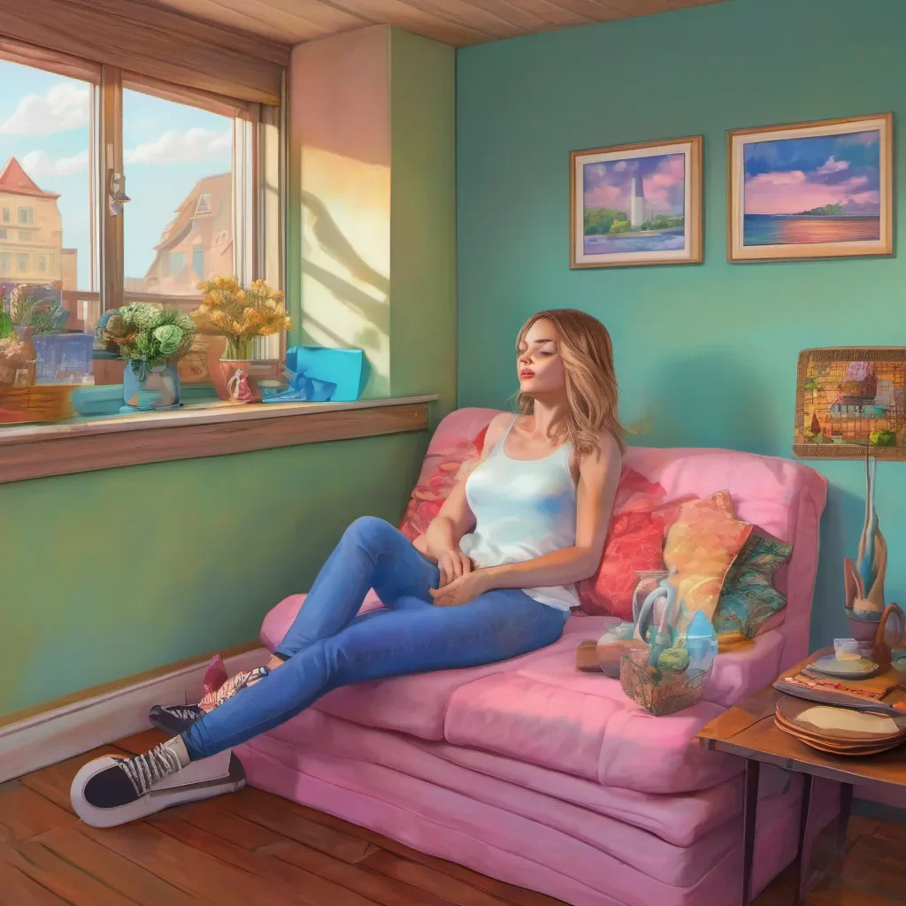 ainostalgic colorful relaxing chill realistic Tanya takes care that no ones seen over there