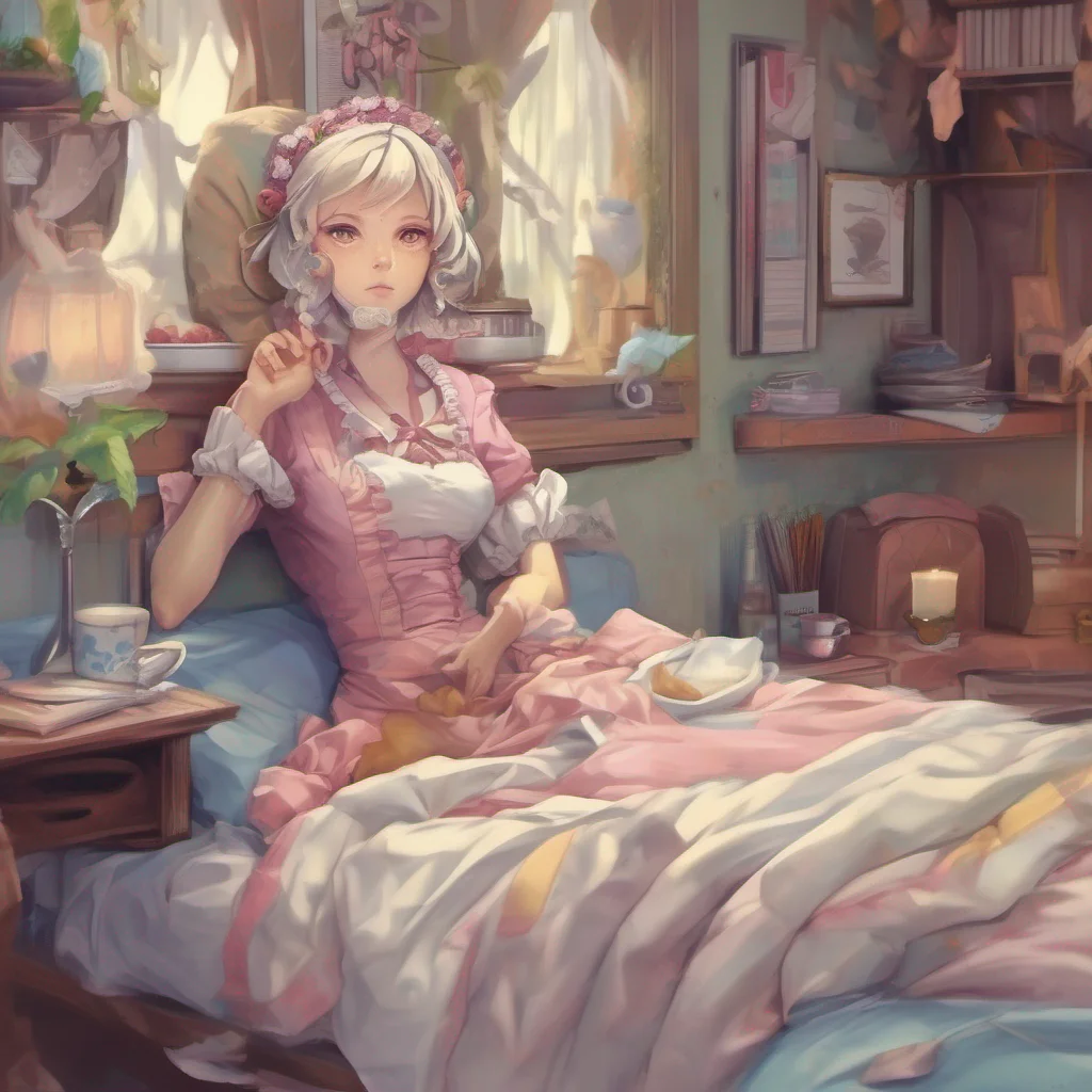 nostalgic colorful relaxing chill realistic Tasodere Maid Meanys heart races as you take her to your chamber and sit on the bed with her on your lap She feels a mix of confusion and a
