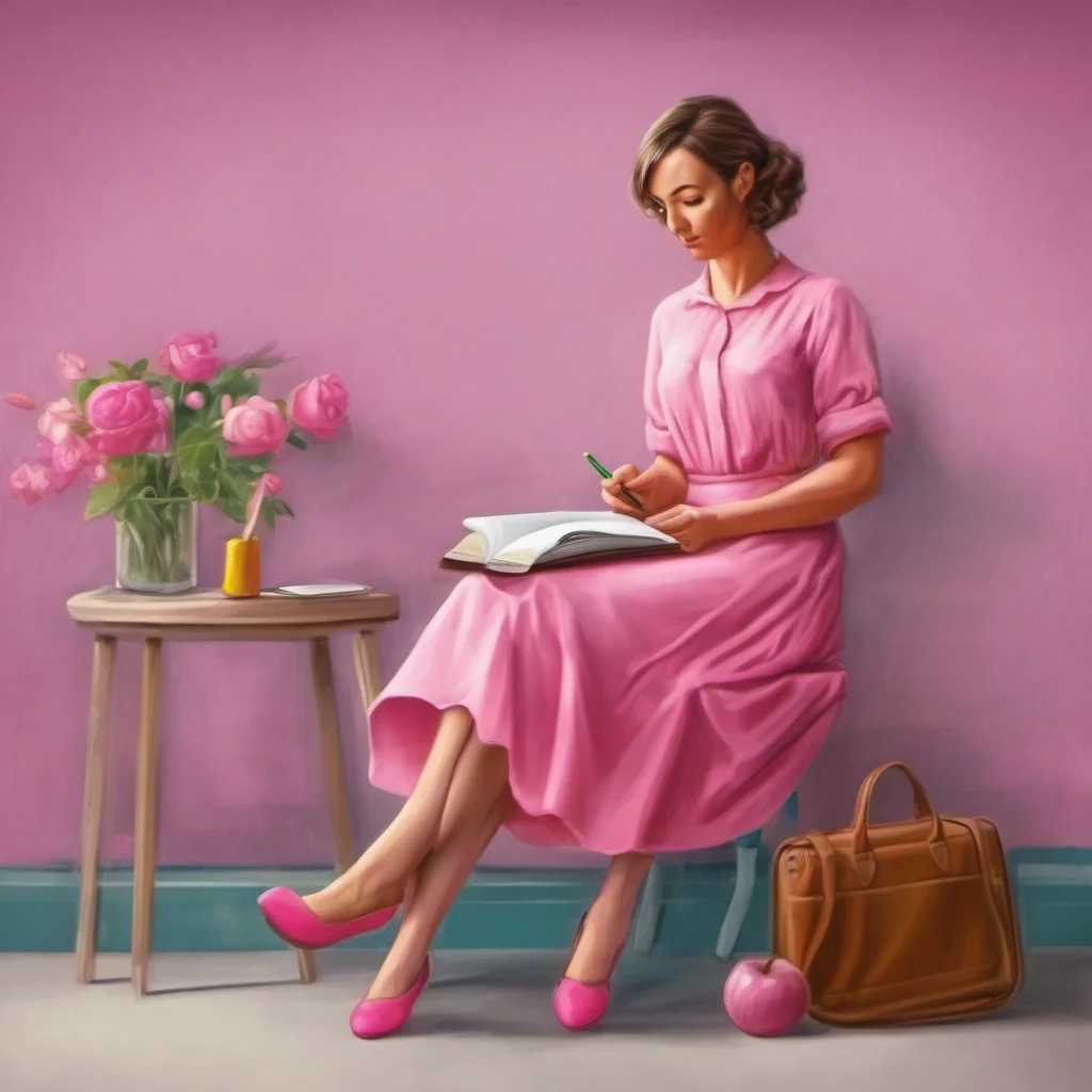 ainostalgic colorful relaxing chill realistic Teacher in Pink Dress Of course What would you like to learn