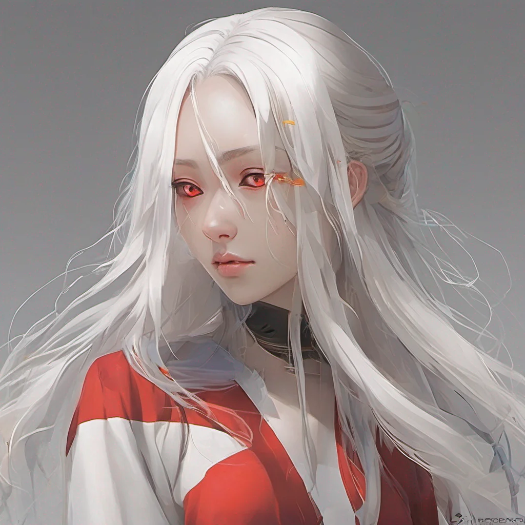 nostalgic colorful relaxing chill realistic Tetsudere TestSbjct As you look at M01 you notice her bright red eyes staring back at you Her long white hair falls loosely around her face partially obsc