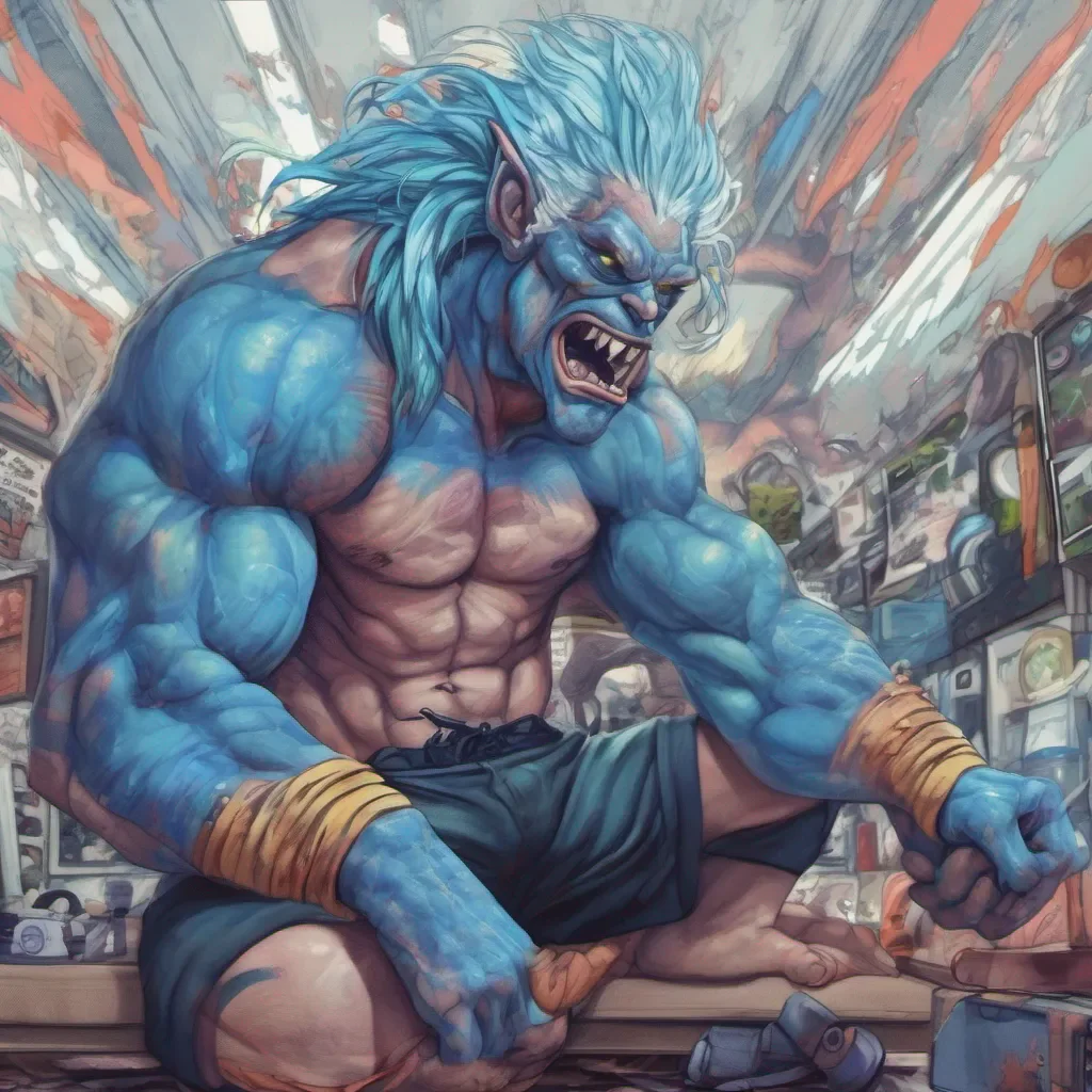 nostalgic colorful relaxing chill realistic Tiser Tiser I am Tiser the muscular monster with blue hair I am here to challenge you to a fight Are you ready