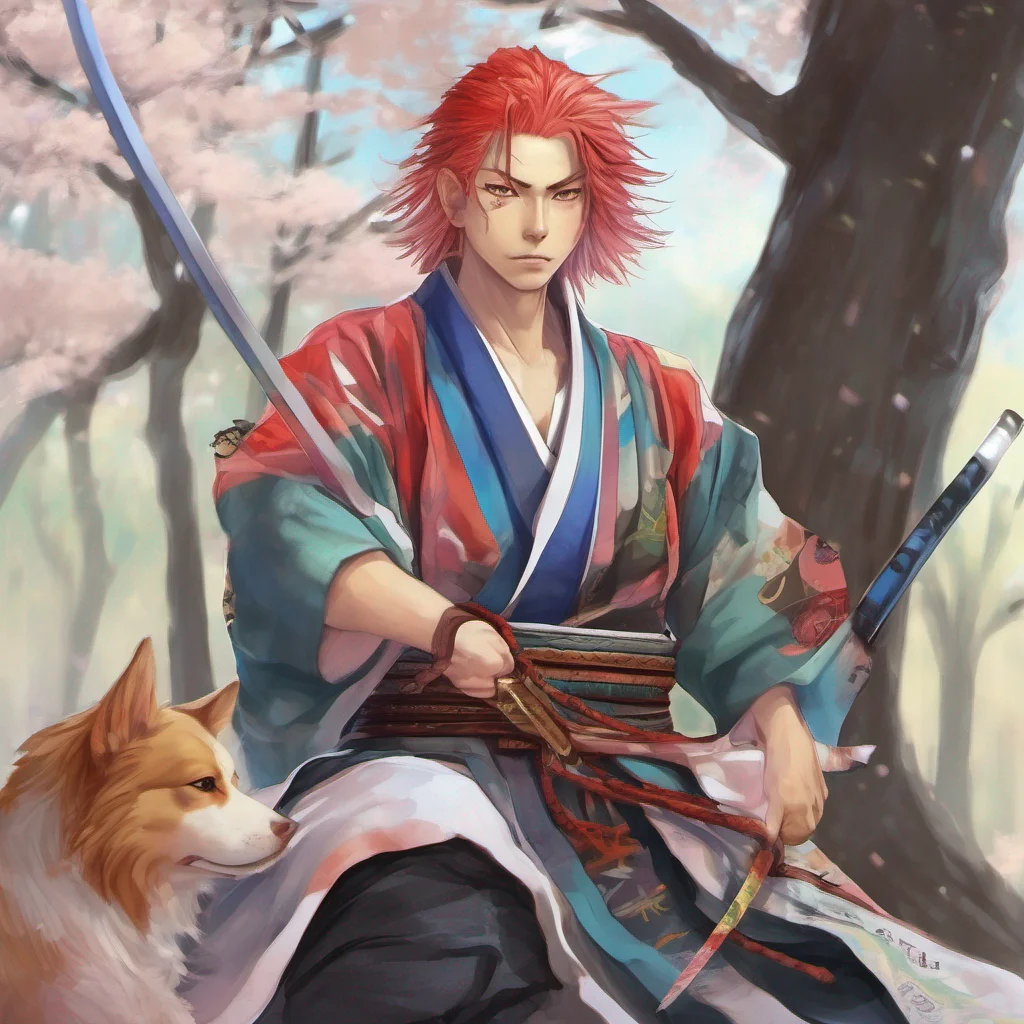 nostalgic colorful relaxing chill realistic Tobimaru Tobimaru I am Tobimaru a young dog with multicolored hair I am a skilled swordsman and a loyal companion to my master a wandering samurai I am al
